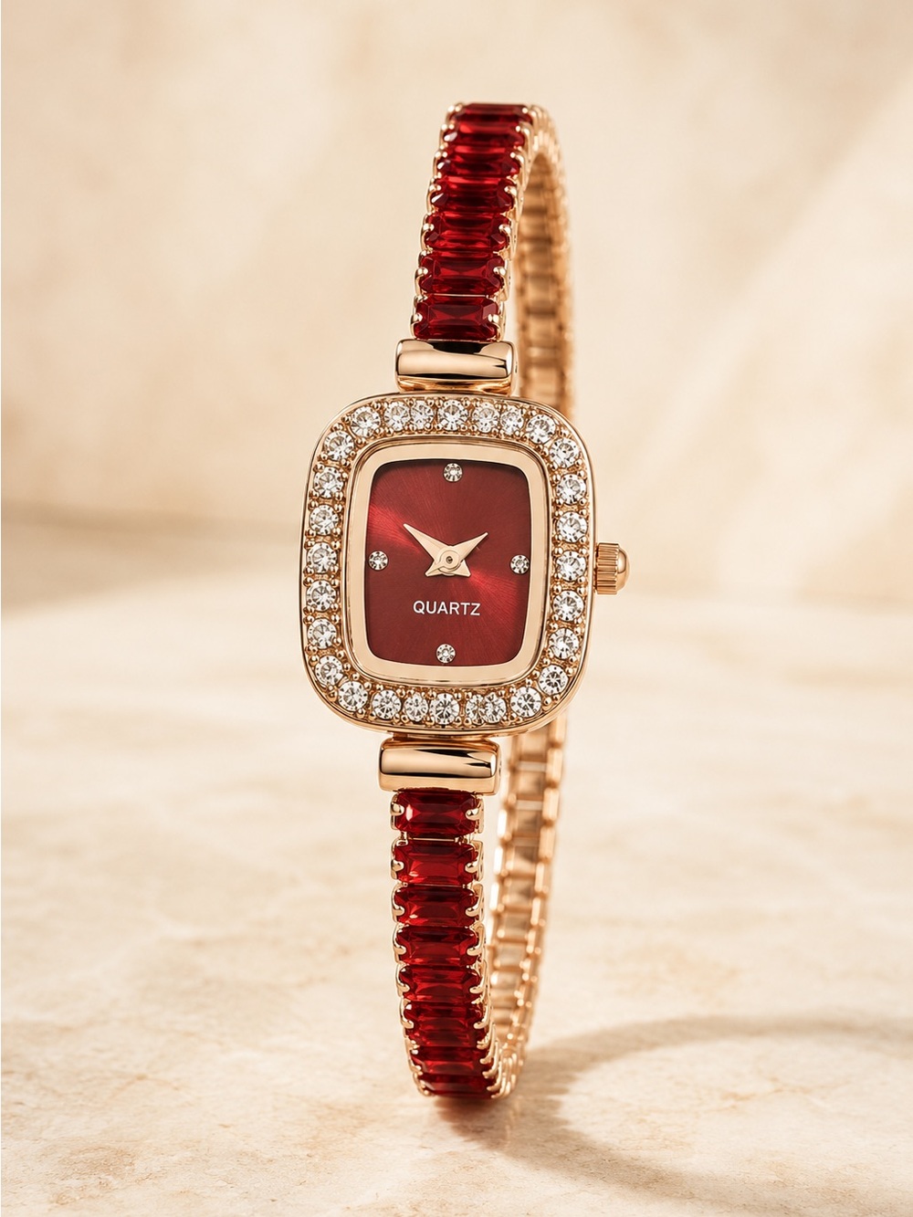 Elegant Red Crystal Accent Women's Quartz Bracelet Watch
